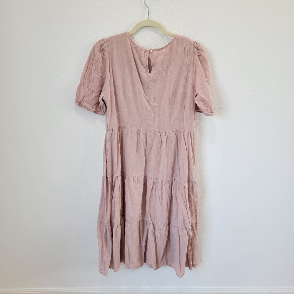 Shop Stevie Light Pink Tiered Midi Dress Puff Sleeve Women’s M - Picture 3 of 5